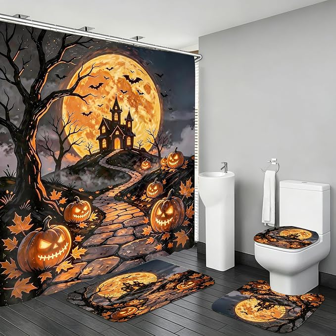 4pcs Halloween Bat Full Moon Shower Curtain Set with Rugs 71*71 in