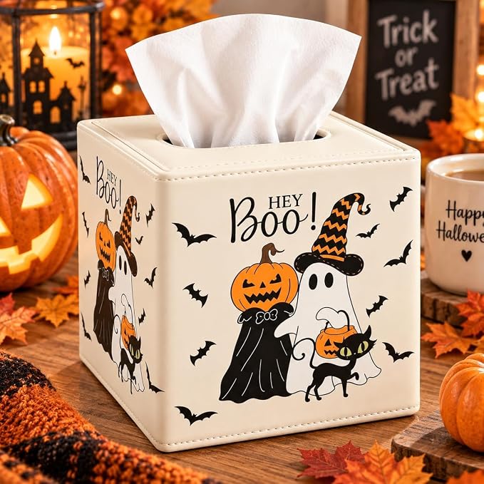 Whaline Halloween Tissue Box Cover, Boo Ghost Pumpkin Bat Black Cat - skull toilet paper