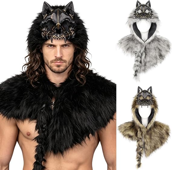Unisex Faux Fur Viking Shoulder Cape Wolf Mask Cosplay Accessory - skull jacket
