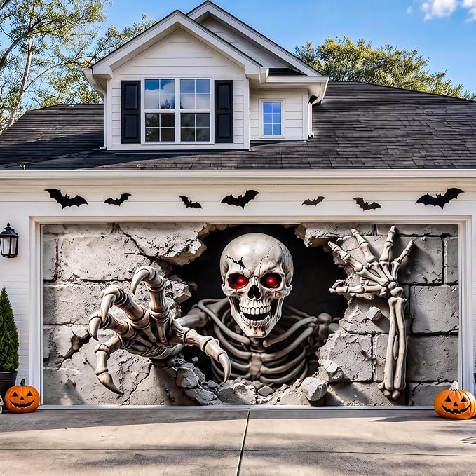 16 x 7 FT Halloween Garage Door Cover,Large 3D Skeleton Halloween Backdrop - skeleton