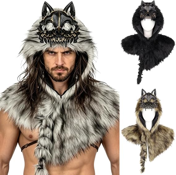 Unisex Faux Fur Viking Shoulder Cape Wolf Mask Cosplay Accessory - skull jacket