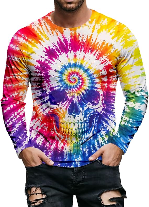 Men's Tie Dye Long Sleeve Shirts UPF 50+ UV Rash Guard Shirt - skull swimsuit