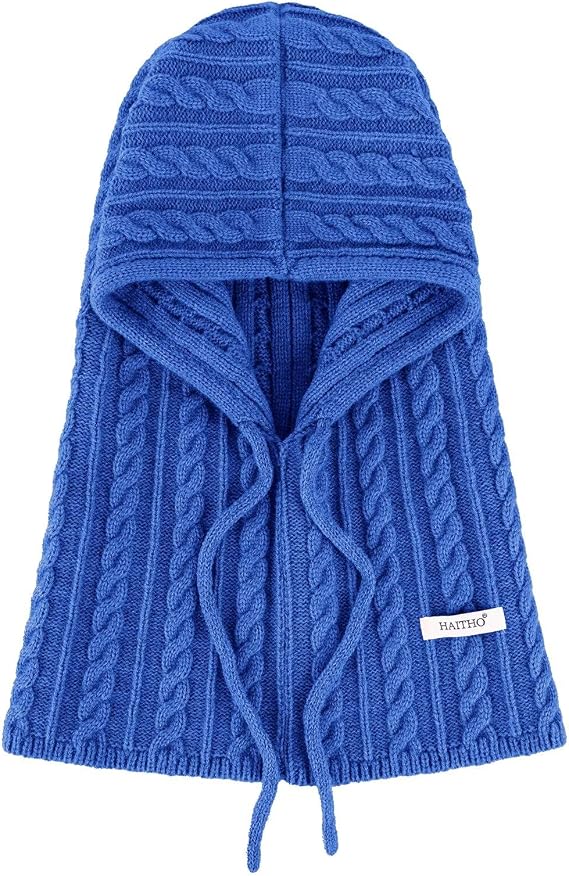 Warm Winter Scarf Beanie Hat with Drawstring, Knit Balaclava Hoodie for Women, Thermal Hooded Neck Gaiter Skull Cap for Cycling Skiing - Rich Blue - skull sweatshirts