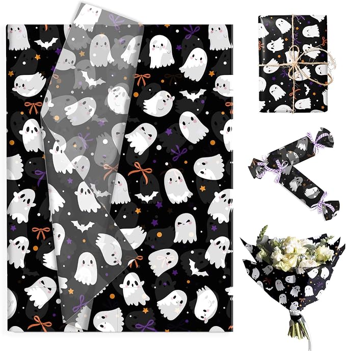 Qpout 50 Sheets Cute Ghost Halloween Tissue Paper,Black Tissue Sheets 13.8x19.7 Inch for Trick and Treat, Halloween Party, Baby Celebration and DIY Crafts - skull toilet paper