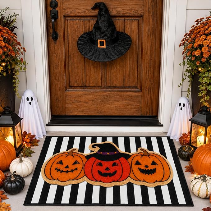 2 Pcs Halloween Doormat Outdoor Decorations , Layerd Pumpkins Door Mat