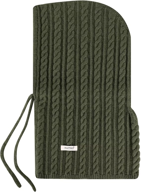 Warm Winter Scarf Beanie Hat with Drawstring, Knit Balaclava Hoodie for Women, Thermal Hooded Neck Gaiter Skull Cap for Cycling Skiing - Olive Green - skull hoodie