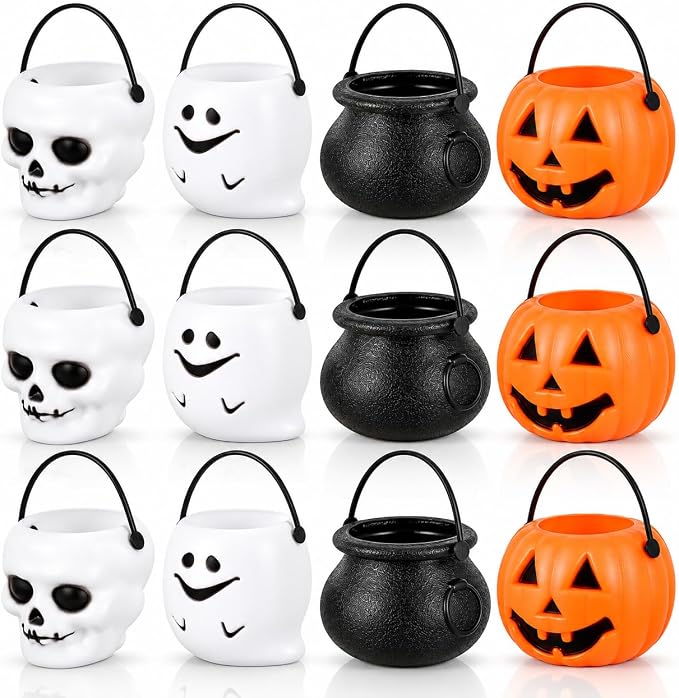 VOSAREA 12pcs Plastic Pumpkin Candy Buckets, Halloween Candy Bucket Set