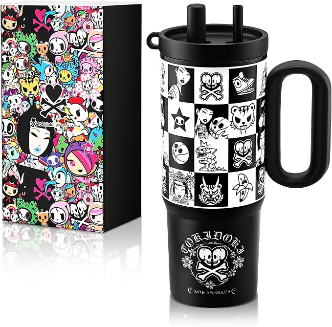 tokidoki Unicorno Tumbler Insulated Water Bottle with Handle & Straw, 24oz - skull bottle