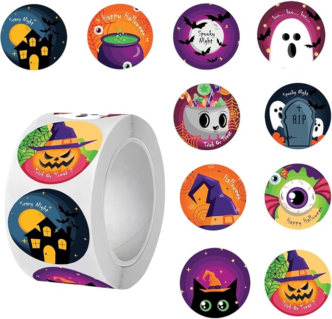 500PCS Halloween Stickers, Cute Happy Halloween Stickers for Kids Reards, Goodie Bags, Envelope, Party Favors,10 Designs Sticker Roll for Crafts Accessories, Water Bottle, 1Inch - skull sticker