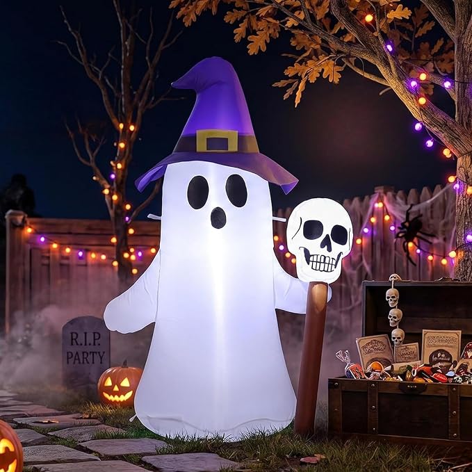 4FT Halloween Inflatables White Ghost Wearing Hat Decorations - skull inflatable