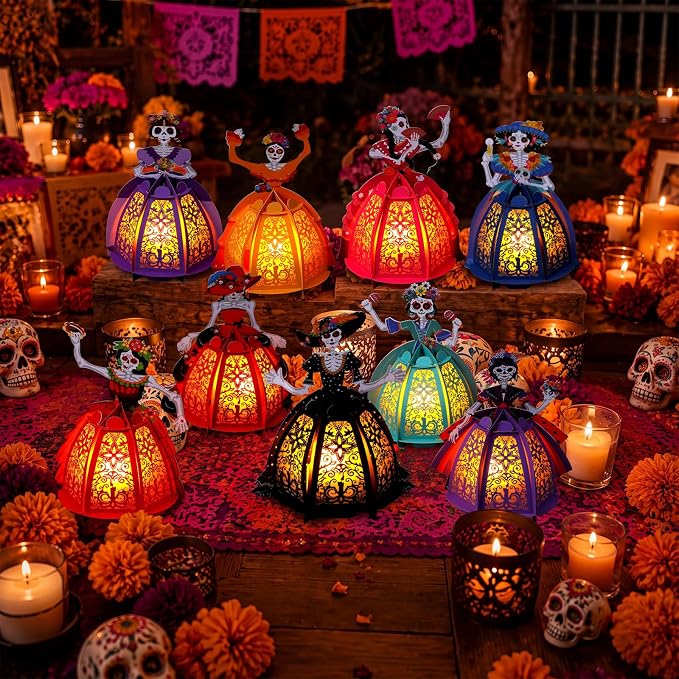Capoda 9 Set Day of The Dead DIY Crafts, Catrina Lantern with LED Tea Light