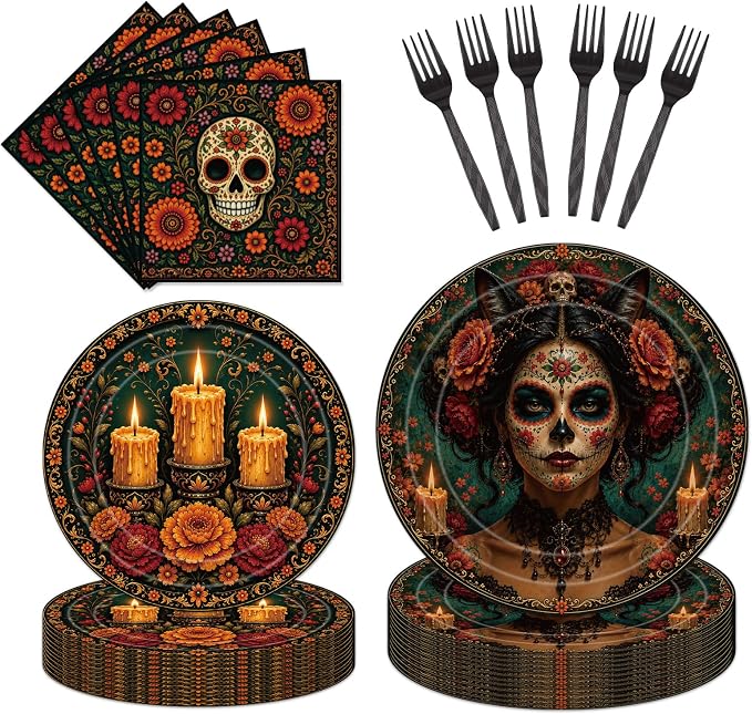 96 Pcs Mexican Fiesta Party Supplies, Skull Disposable Tableware Set with Paper Plates Napkins and Forks, Marigold Floral Theme Halloween Birthday Decorations, Serves 24 - skull plate