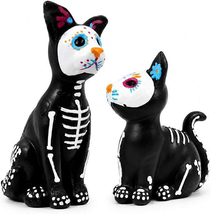 jarbins Day of the Dead Cat and Dog Figurines, Skeleton Pet Decor Set - skull figurine