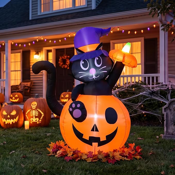 4.5FT Halloween Inflatable Black Cat with Pumpkin Outdoor Decorations, Blow Up Black Cat Yard Decor with Built-in LEDs for Garden Lawn Party Holiday Display - skull inflatable