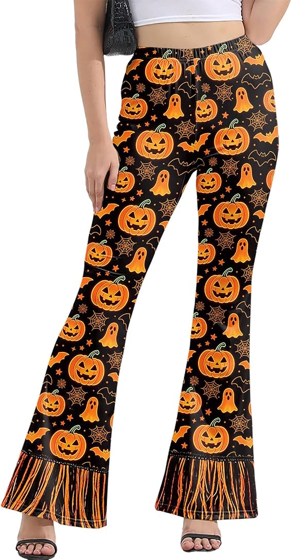 color cosplayer Halloween Flare Leggings for Women Pumpkin Witch Pants Day of The Dead Flare Leggings - sugar skull costume