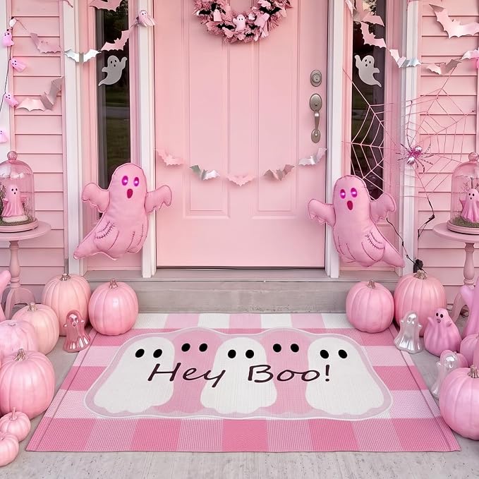 WILLBOND 2 Pcs Halloween Pink Ghost Layered Doormat Set