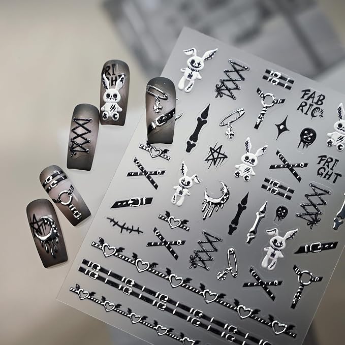 Gothic Nail Stickers for Nail Art, Y2K Nail Decals for Women, Dark Nail Design for Gel Nails, Nail Charms Decorations Accessories for Fingernail & Toenail Manicure, 1 Sheet - skull sticker