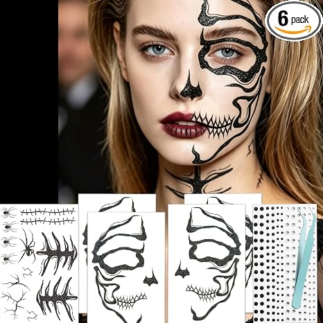 NOOEPC Glitter Skull Temporary Tattoos Face Gems, Skeleton Halloween Stickers, Spider Tattoos, Fake Tattoos Halloween Makeup Cosplay Decor for for Men Women Halloween Costumes Accessories - sugar skull makeup