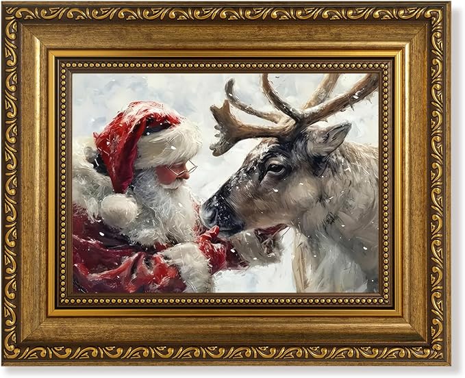 VisionaryBrush Christmas Santa and Reindeer Framed Canvas Wall Art 8x10 in - skull wall art