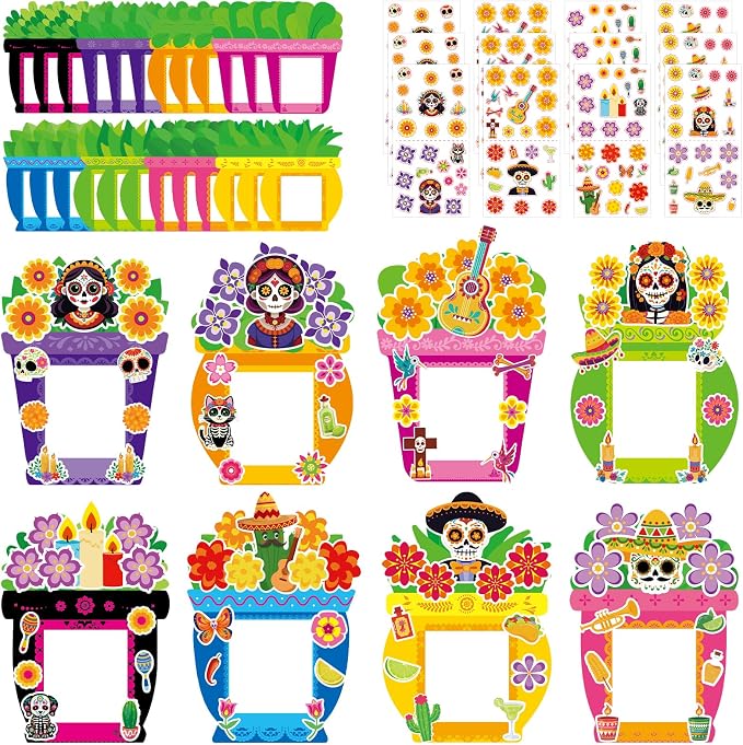 24Sets Dia De Los Muertos Decorations Dia De Los Muertos Picture Frames Day of the Dead Stickers Mexican Sugar Skull DIY Photo Frame Crafts Ofrenda Decor for Altar Supplies Halloween Fiesta Party Wall - skull sticker