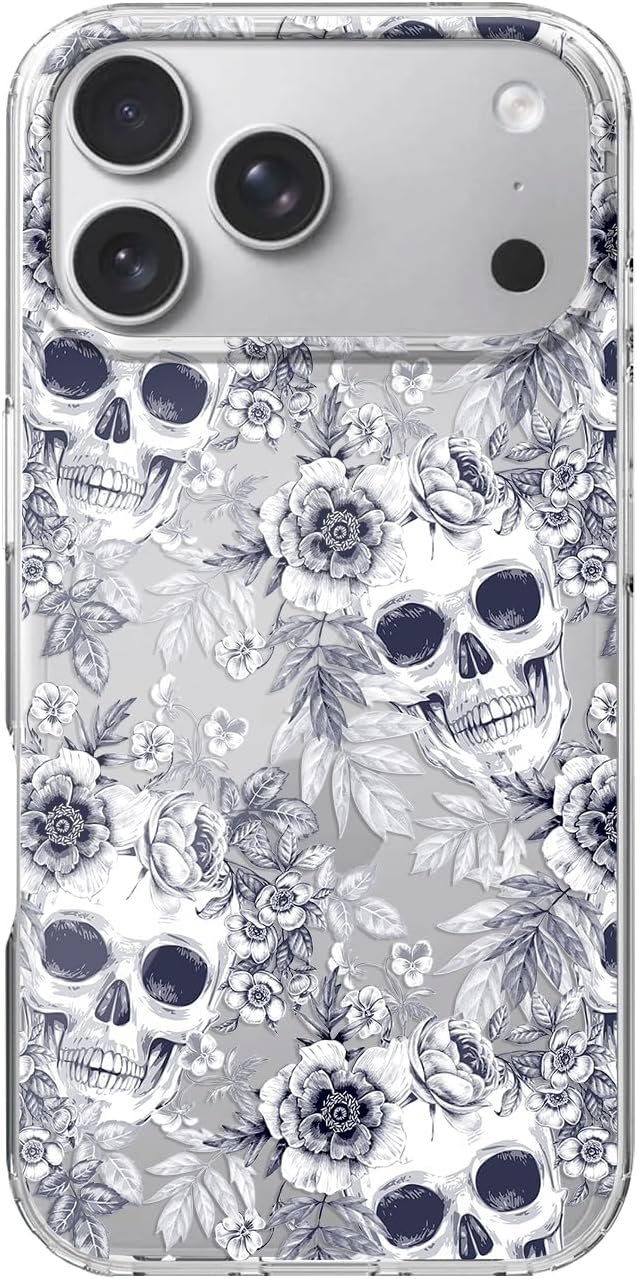 for iPhone 18 Pro Max Case, Floral Skull Pattern Clear Case - Skull phone case