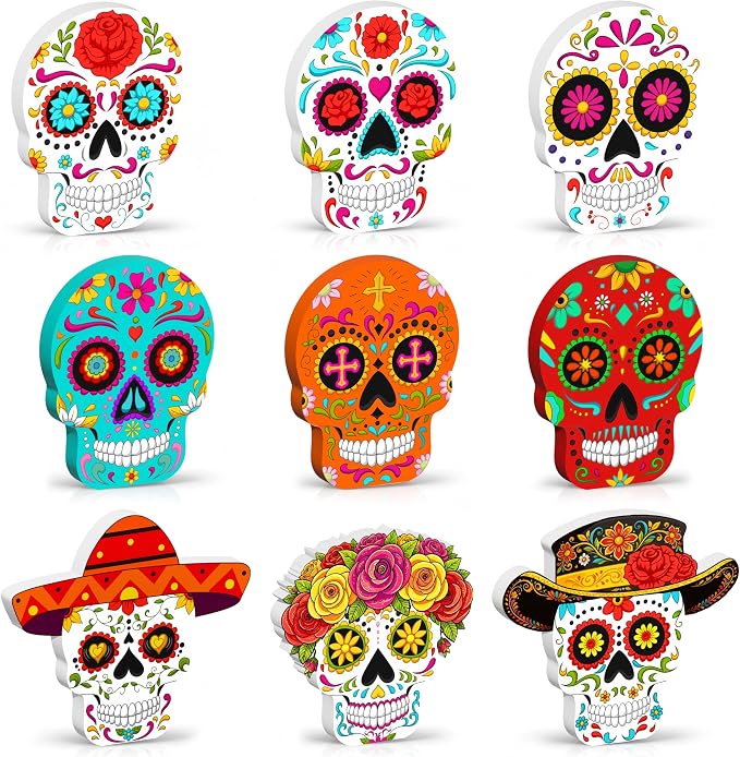 9 Pcs Day of the Dead Decorations Mexican Sugar Skull Table Decor Wooden - skull figurine
