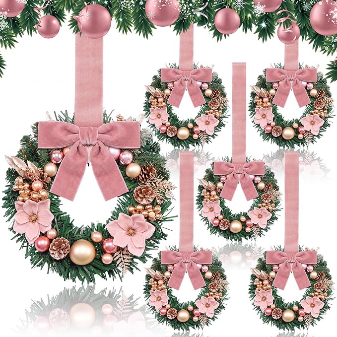 Dingion 6 Pcs 6 Inch Mini Christmas Cabinet Wreath with Pink Velvet Bow - skull wreath