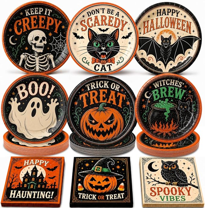 60PCS Halloween Party Supplies, Vintage Halloween Plates and Napkins Set with 9-inch Dinner Plates, and Napkins for Halloween Birthday Party Decorations, Serves 30 - skull plate
