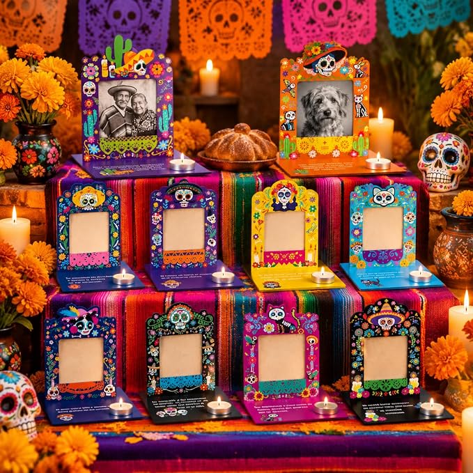 Amyhill 10 Set Dia De Los Muertos Picture Frame Altar Kit with Candle, Wood - skull candle