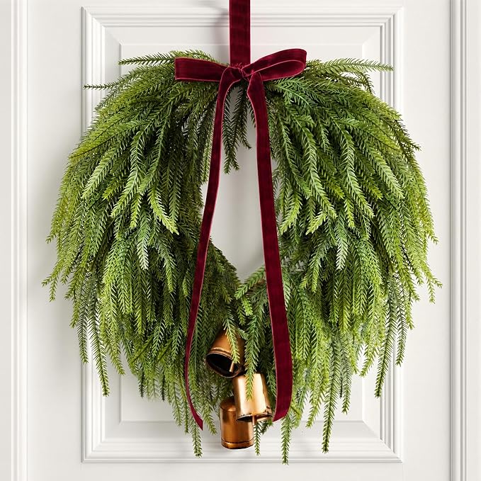 24” Christmas Wreaths for Front Door, Norfolk Pine Wreath Bow Bells