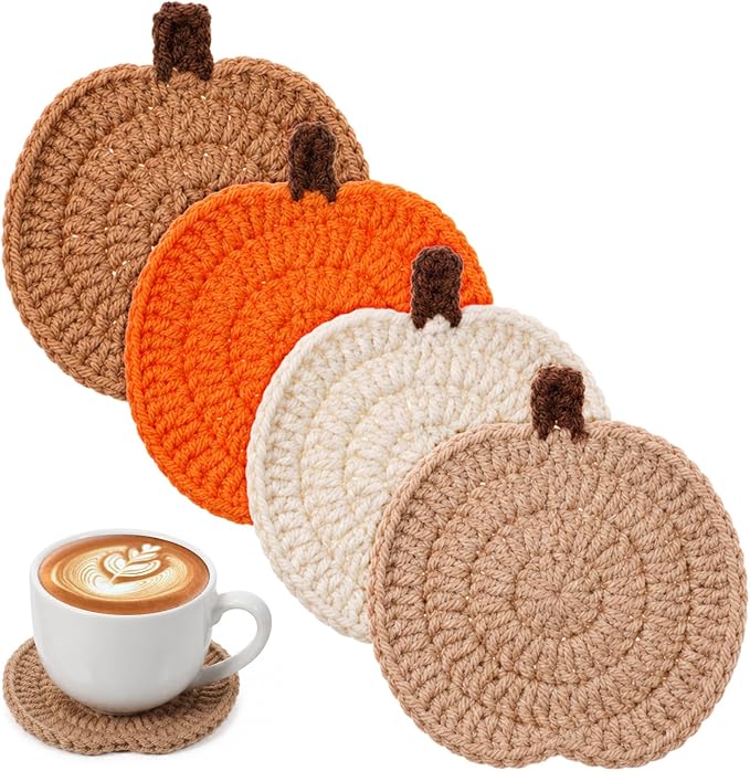 4PCS Pumpkin Crochet Coasters, Fall Autumn Handmade Drink Coasters - skull coaster