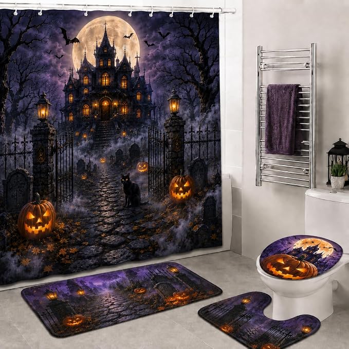 4 Pcs Halloween Shower Curtain Set, Halloween Bathroom Decor Gifts - skull toilet mat