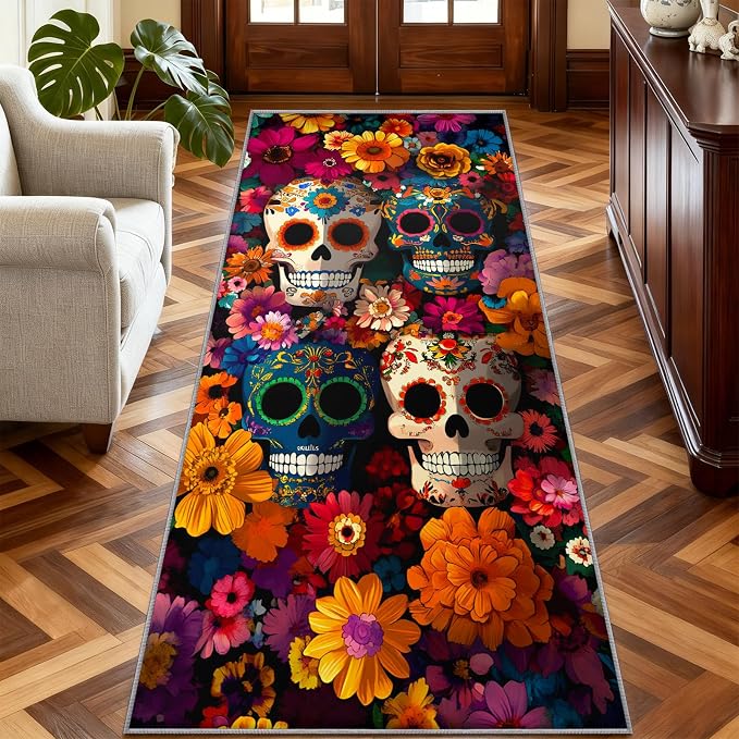 Day of the Dead Skull Runner Rug 2x6 Sugar Skull Hallway Runner Rug - skull carpet