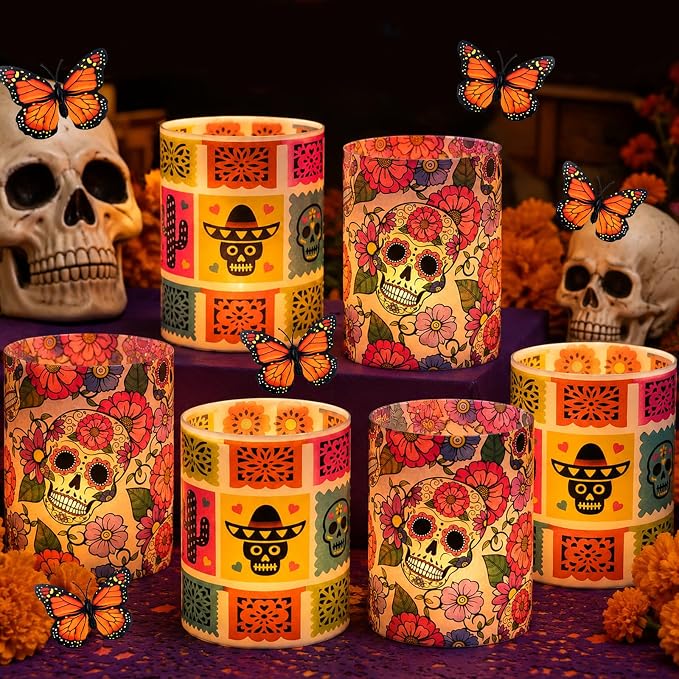 24 Pcs Day of The Dead Candle Holders Mexican Skull Candle Holder Wraps with Monarch Butterflies - skull candle