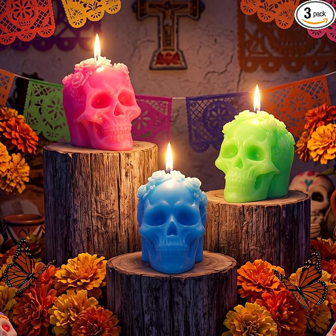 MTLEE 3 Pcs Sugar Skull Candles Day of the Dead Altar,Unscented Candle - skull candle