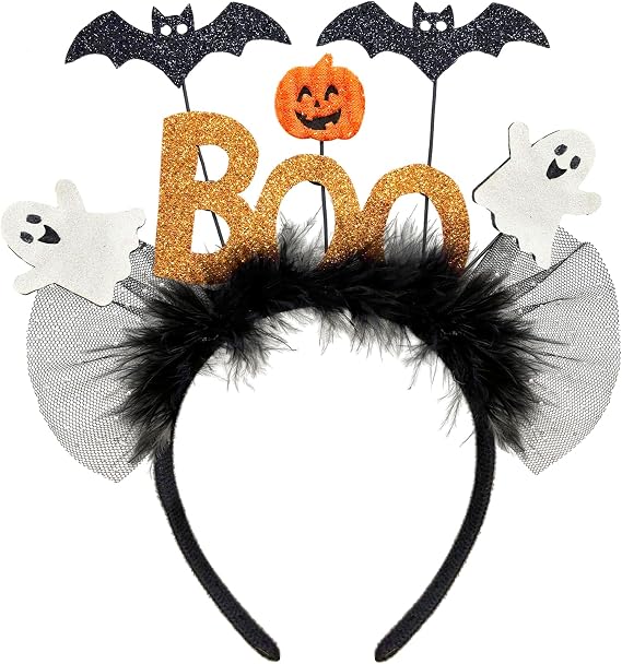 QLINLEAF Ghost BOO Headband, Glitter Halloween Party Headband for Women - skull headband