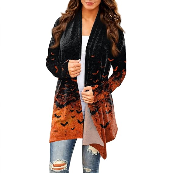 Halloween Cardigan Pumpkin Goast Witch 2026 Halloween Sweaters for Women Long Sleeve Oversized Cardigan - skull jacket