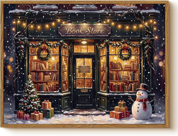 WHASAYART 12x16 Framed Wall Art, Vintage Christmas Bookstore Canvas Print - skull wall art