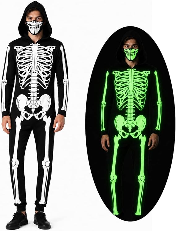 XXLOG Skeleton GID Bodysuit for Adult, Velcro Closure One Piece Jumpsuit - skeleton