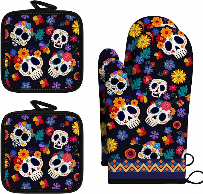Sugar Flowers Skull Day of the Dead 4PC Oven Mitts Pot Holders Set - skull coaster