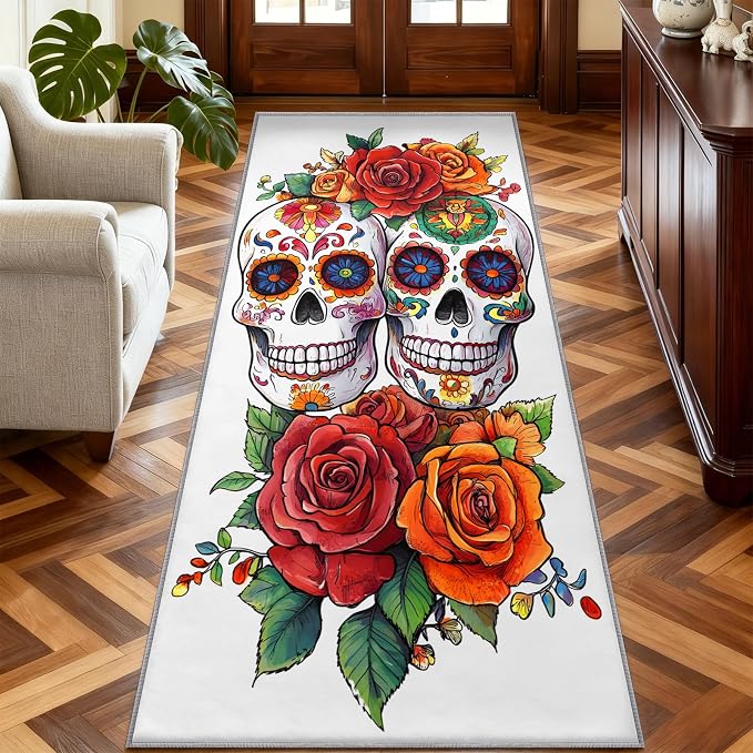 Day of the Dead Sugar Skull Runner Rug 2x6 Floral Skull Hallway Runner Rug - skull carpet