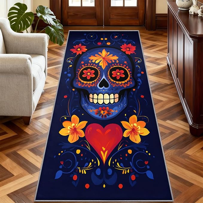 Day of the Dead Sugar Skull Runner Rug 2x4 Skull Floral Hallway Runner Rug - skull carpet