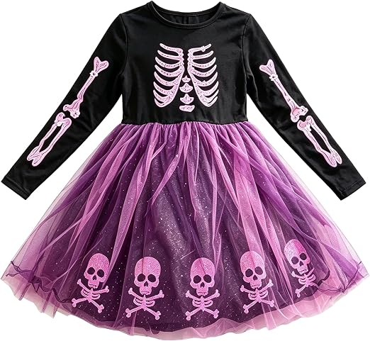 Girls Halloween Skeleton Dress for Kids Ghost Skull Long Sleeve Dress - sugar skull dress