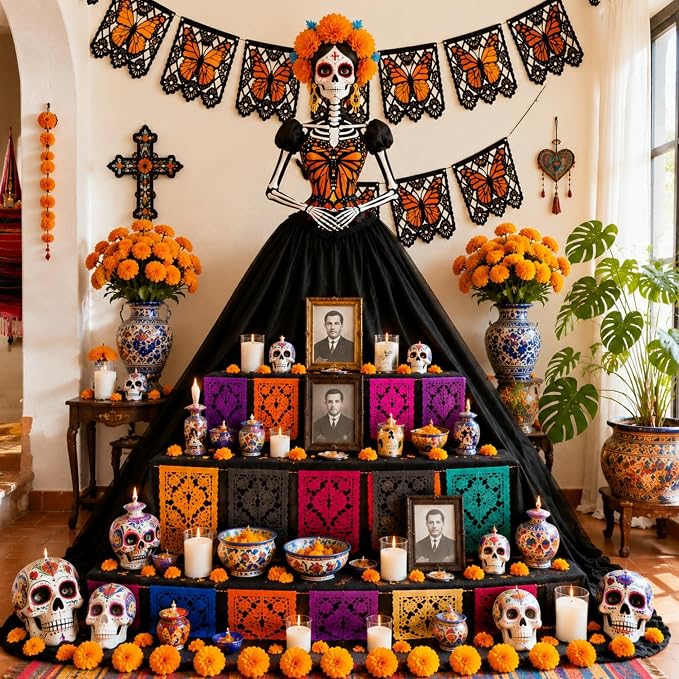 Yunlly 48 Pcs Dia De Los Muertos Altar Decoration Set, Day of The Dead Ofrenda Altar Kit Includes 30 Marigold Flowers with Stem 10 Monarch Butterfly Banner Catrina for Dia De Los Muertos Diwali - skull figurine