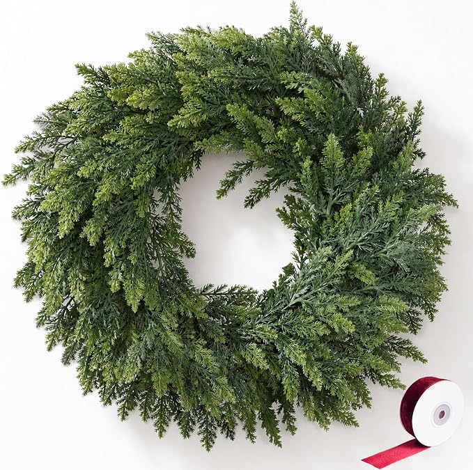 Thewe 26" Christmas Cedar Wreaths for Front Door, Real Touch Handmade Full Artificial Cedar Wreath Set, Faux Greenery Christmas Wreath for Indoor Outdoor Mantle Porch Window Farmhouse Decor - skull wreath