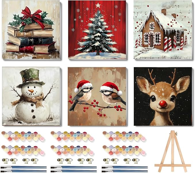 LWZAYS 6 Pack Christmas Paint by Numbers Kit for Adults with Frame, Easy Paint by Number for Adults Beginner with Wooden Easel, DIY Painting by Numbers Canvas Framed for Home Decor 8 x 8 Inch - skull painting