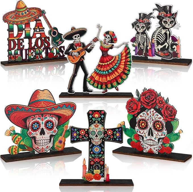 Day of the Dead Decorations Sugar Skull Wooden Sign, 6 Pcs - skull plate
