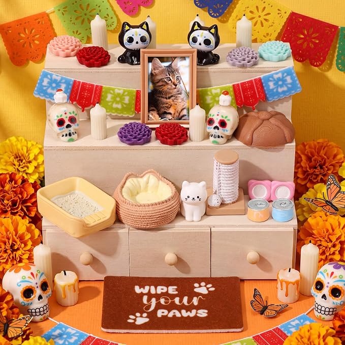 Thenshop Dia De Los Muertos Mini Ofrenda Altar Day of The Dead Decor, Cat - skull candle