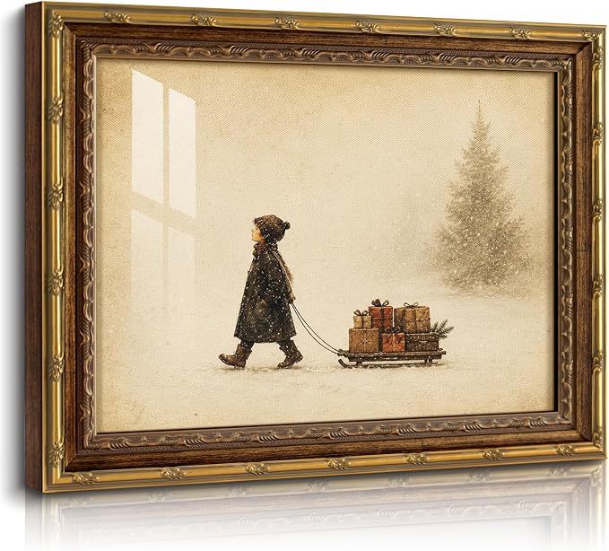 HUARCEY Christmas Sled Wall Art 13x16, Kid Room Vintage Gold Ornate Frame - skull wall art
