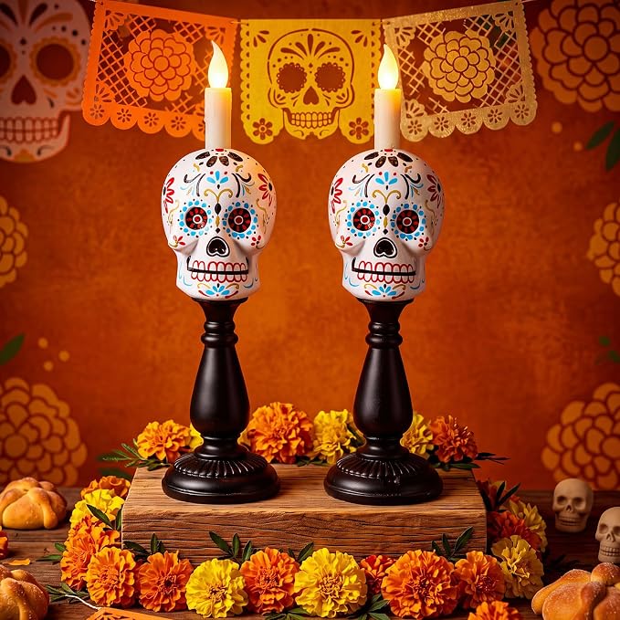 2 Pcs Day of The Dead Sugar Skull Candle Holders for Ofrenda Altar Decor - skull candle